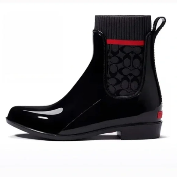 Coach Rivington Rain Boots. Size 8 Black Red. Logo - Picture 13 of 15